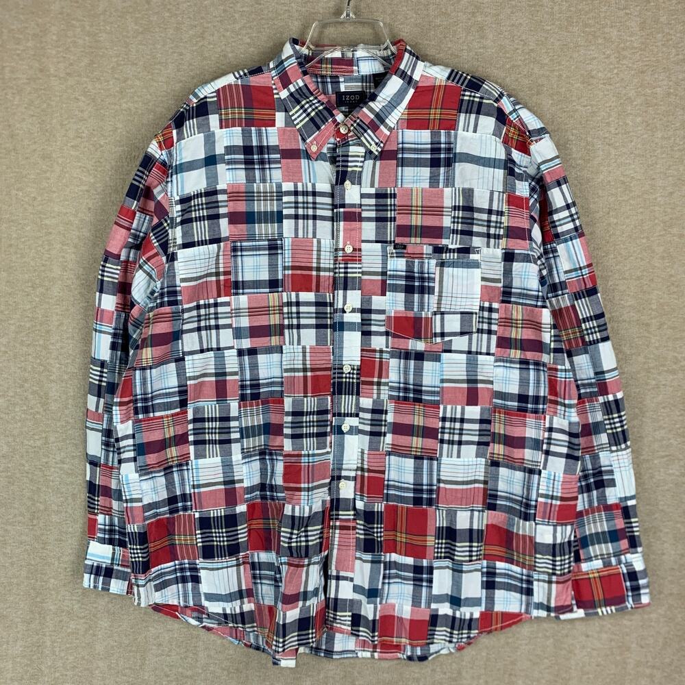 IZOD Madras Button Down Shirt 2XL 100% Cotton Indian Patchwork Plaid Preppy